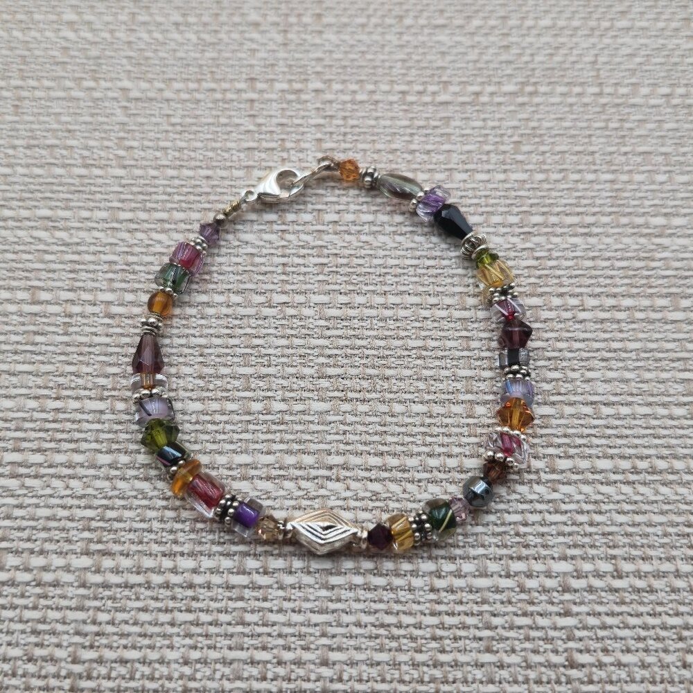 7.5 Inch Sterling Silver Crystal Glass And Beaded Bracelet B741
